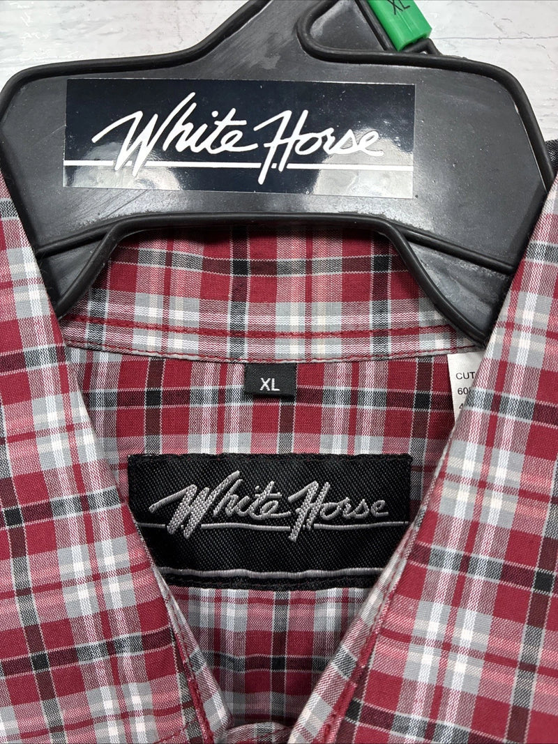 New Men’s White Horse Red Plaid Long Sleeve Western Pearl Snap XL J-39