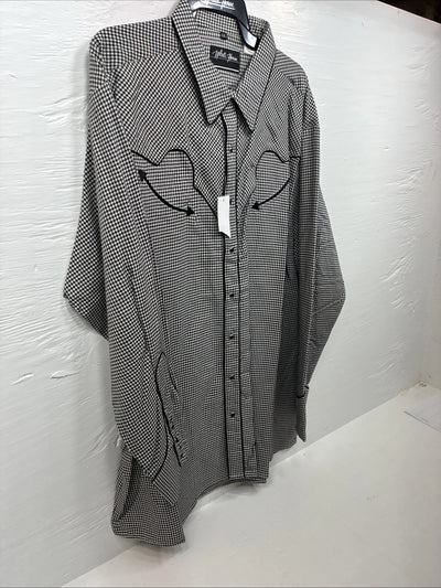 New Men’s White Horse Black White Checker Long Sleeve Pearl Snap 2XL F-102