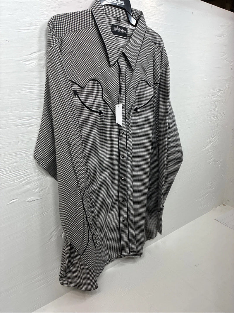 New Men’s White Horse Black White Checker Long Sleeve Pearl Snap 2XL F-102