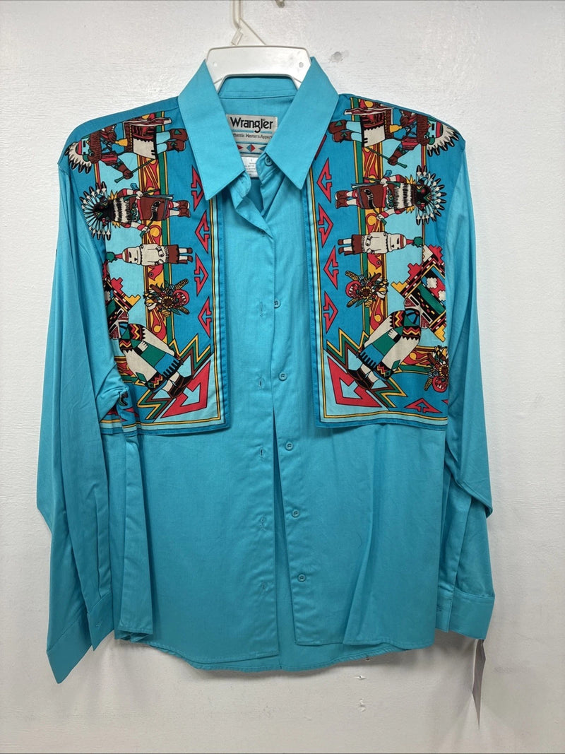 New Women’s Wrangler Blue Design Long Sleeve Button Up Large TT-7