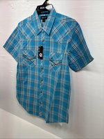 New Men’s ELY 1878 Blue Plaid Short Sleeve Pearl Snap Large X-32