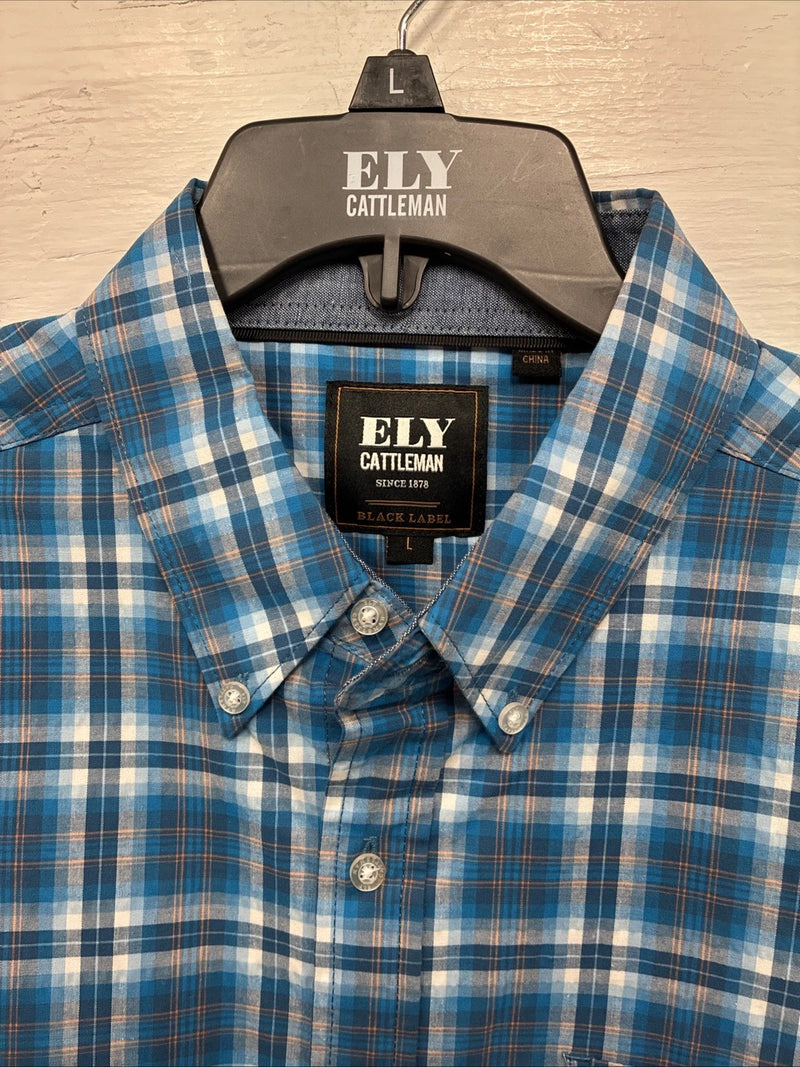 New Men’s ELY Cattleman Blue Plaid Long Sleeve Pearl Snap Large Q-34