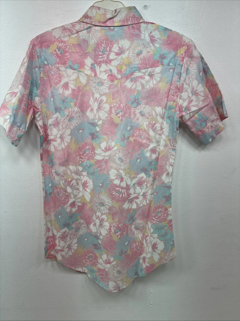 New Women’s H Bar C Pink Floral Short Sleeve Pearl Snap Size 32 DD-154