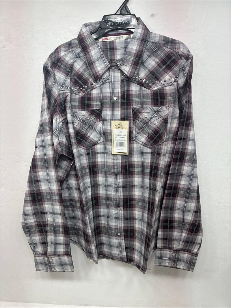 New Women’s Cumberland Purple Plaid Long Sleeve Pearl Snap Size 1X GG-10