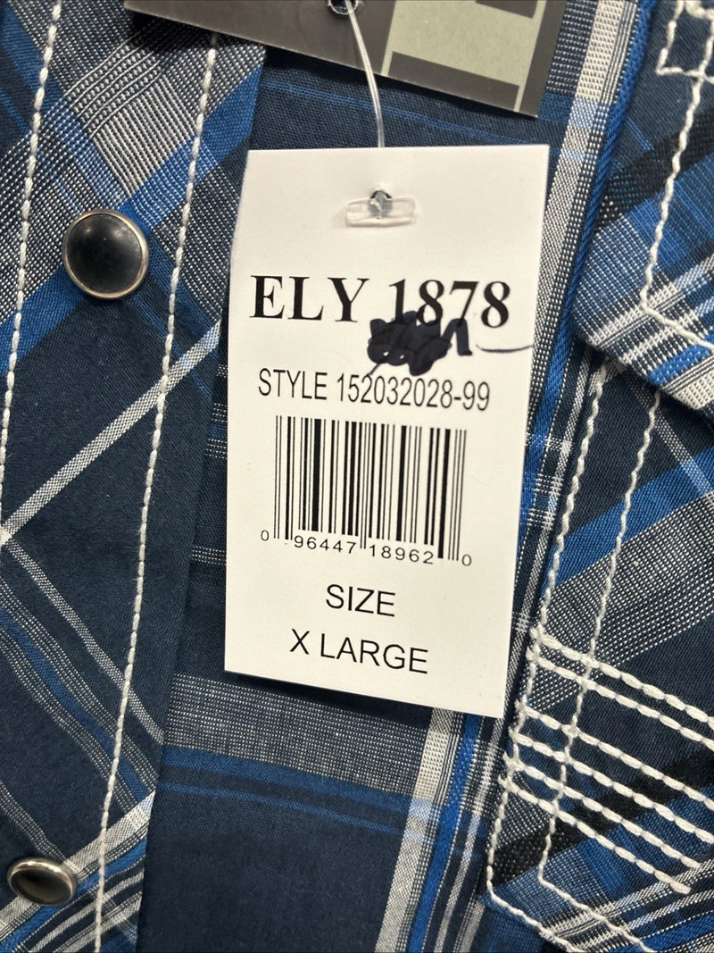 New Men’s ELY 1878 Blue Plaid Short Sleeve Pearl Snap XL R-48
