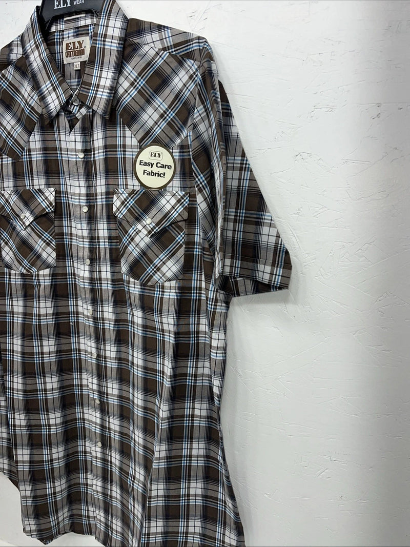 New Men’s Brown Plaid ELY Cattleman Short Sleeve Pearl Snap Shirt. XL Tall S-29