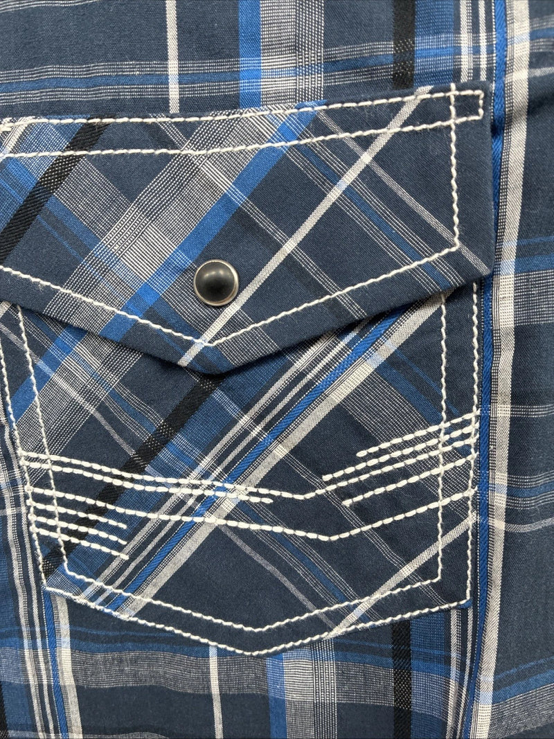 New Men’s ELY 1878 Blue Gray Plaid Short Sleeve Pearl Snap XL O-71