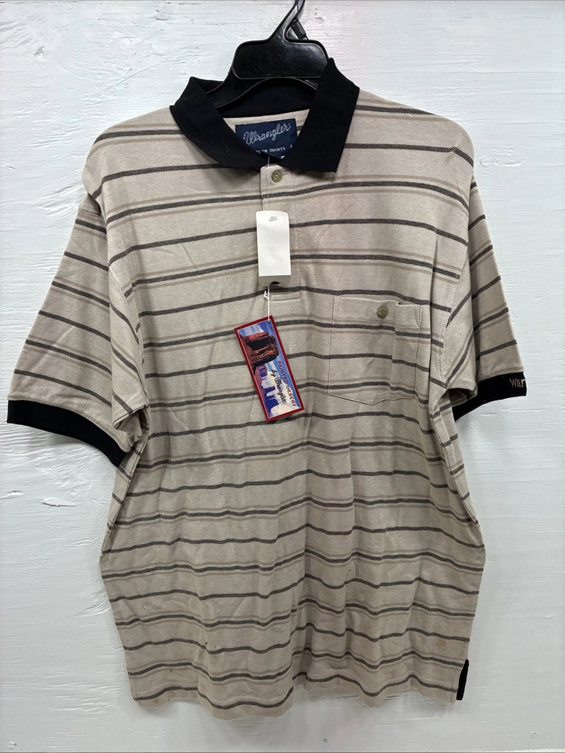 New Men’s Wrangler Tan Black Stripe Short Sleeve Polo Shirt Large V-6