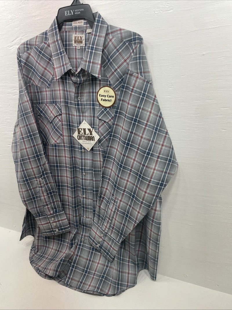 New Men’s ELY Cattleman Blue Gray Long Sleeve Pearl Snap 3XL E-35 