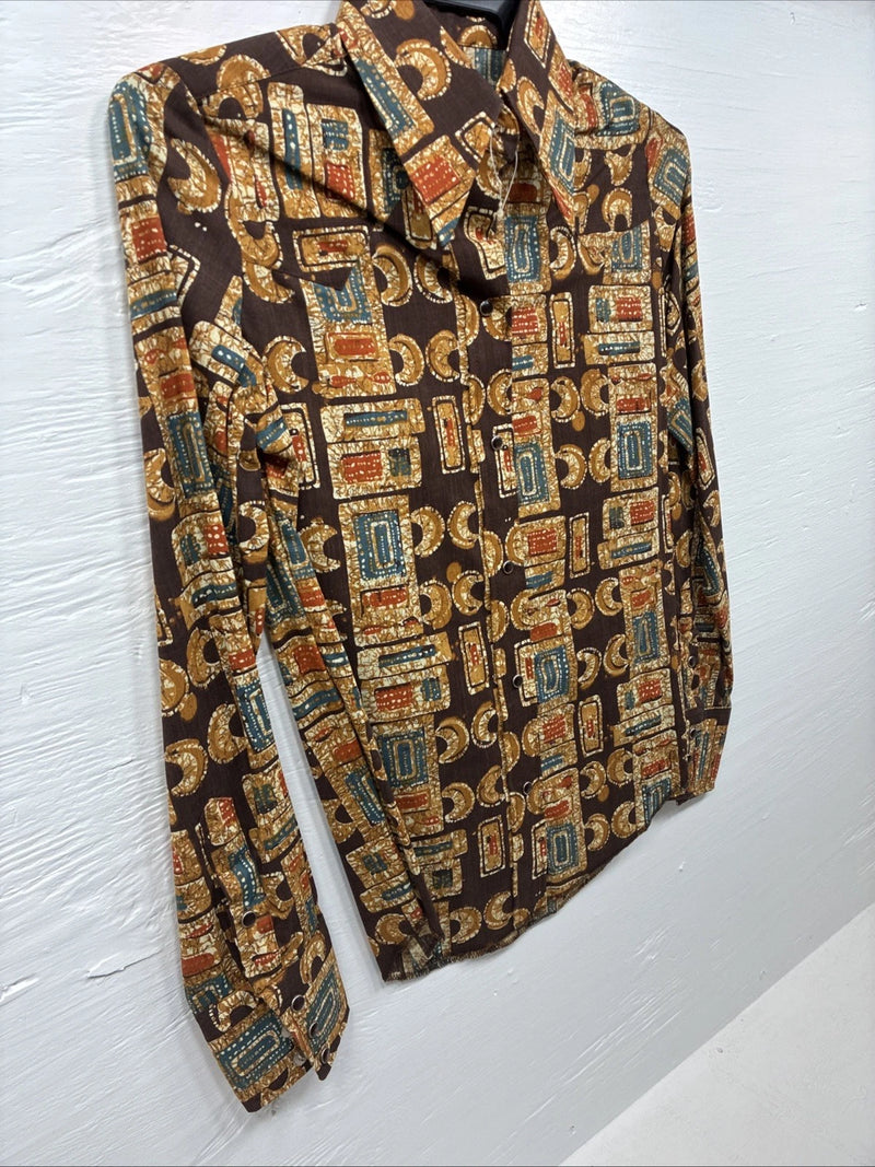 New Men’s Panhandle Slim Brown Gold Design Long Sleeve Pearl Snap XS J-68