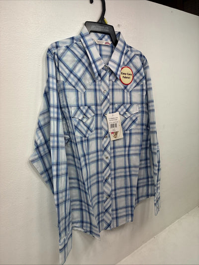 New Women’s Cumberland Blue Plaid Long Sleeve Pearl Snap Large GG-84