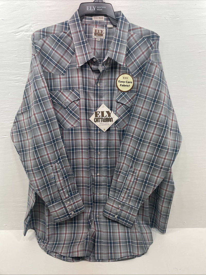 New Men’s ELY Cattleman Blue Gray Long Sleeve Pearl Snap 3XL E-35 