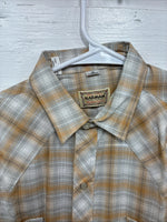 New Youths Karman Orange Gray Plaid Long Sleeve Pearl Snap Size 16 CC-66