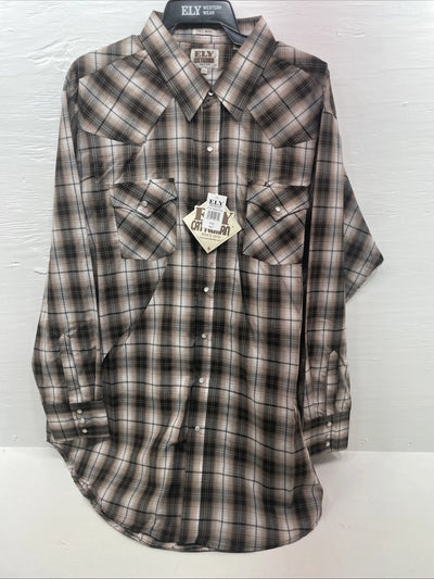 New Men’s ELY Cattleman Brown Long Sleeve Pearl Snap 3XL E-22
