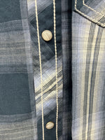 New Men’s ELY 1878 Blue Gray Plaid Long Sleeve Pearl Snap Large V-30 