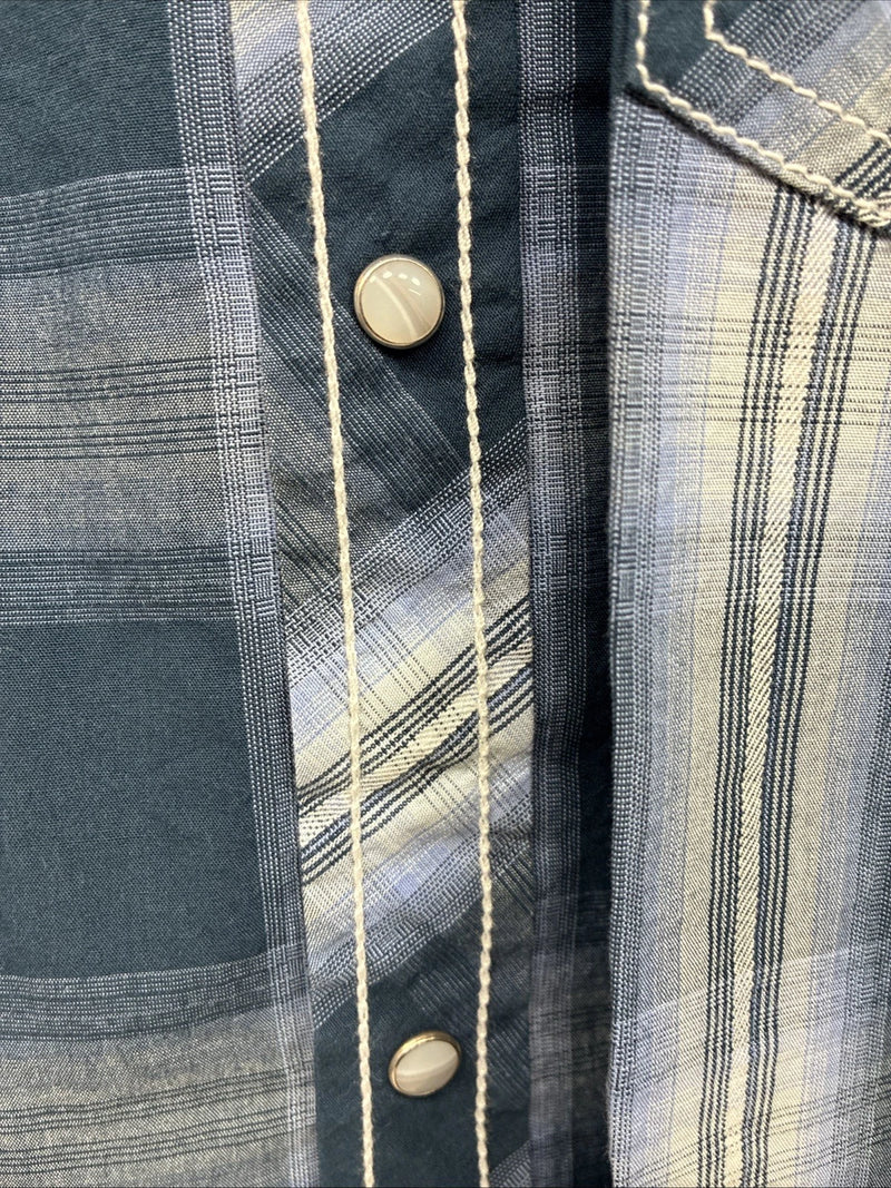 New Men’s ELY 1878 Blue Gray Plaid Long Sleeve Pearl Snap Large V-30 