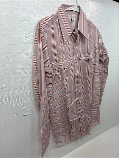 New Men’s Tem Tex Pink Multicolor Stripe Long Sleeve Pearl Snap 15.5 Medium M-98