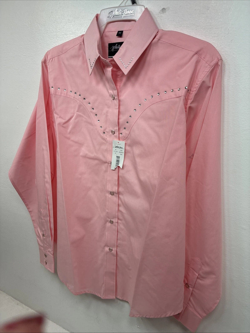 New Women’s White Horse Pink Gem Long Sleeve Pearl Snap Medium KK-95