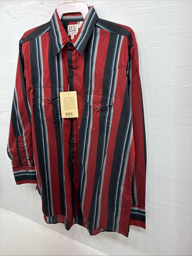 New Men’s ELY Cattleman Red Black Stripe Long Sleeve Pearl Snap 16.5 Large Q-33