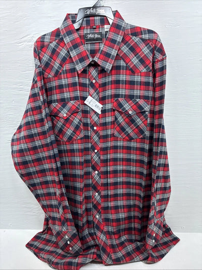 New men’s White Horse Red Flannel Long Sleeve Pearl Snap 3XL E-64