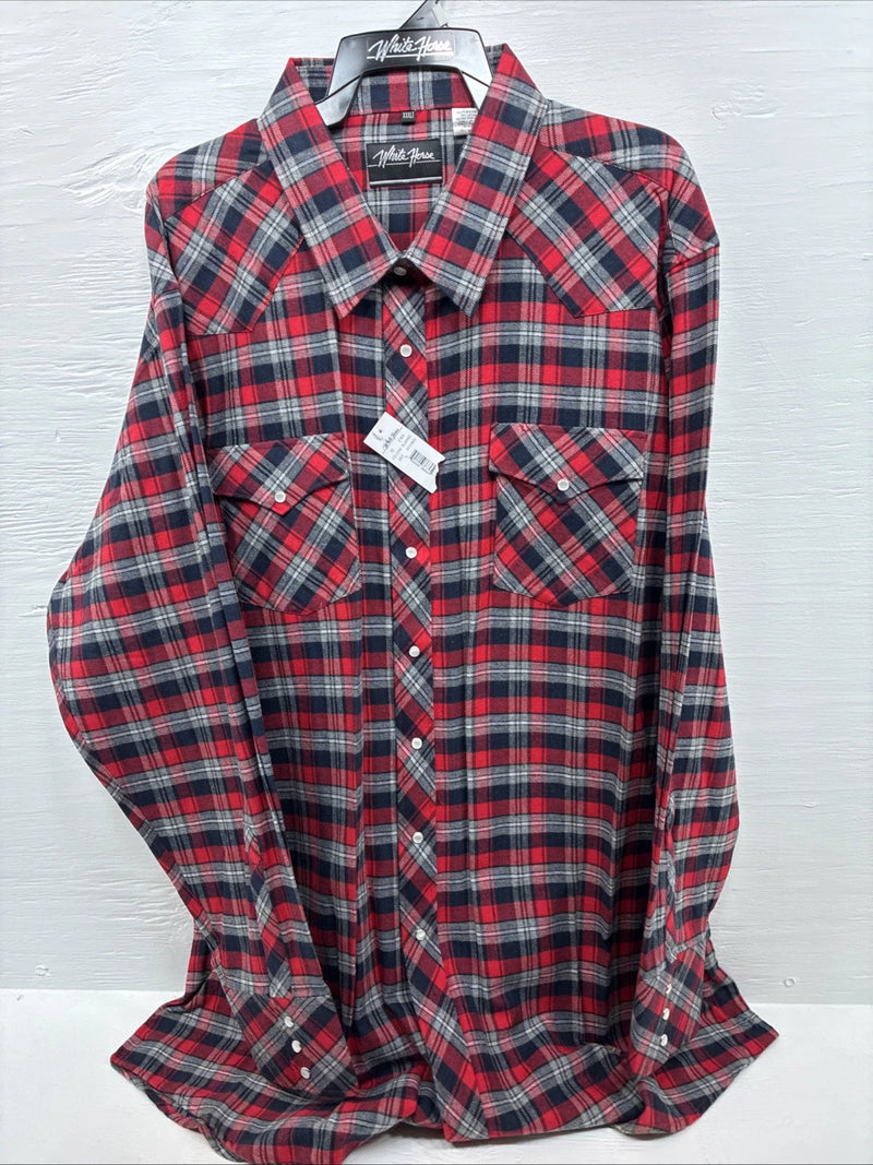 New men’s White Horse Red Flannel Long Sleeve Pearl Snap 3XL E-64