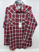 New Men’s ELY Cattleman Red Gray Plaid Long Sleeve Pearl Snap XLT T-7