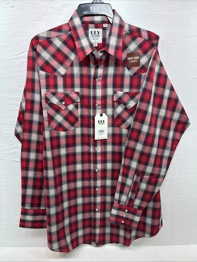 New Men’s ELY Cattleman Red Gray Plaid Long Sleeve Pearl Snap XLT T-7