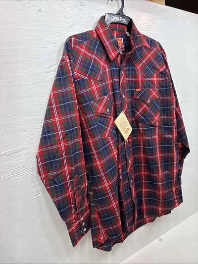 New Men’s ELY Plains Red Blue Plaid Long Sleeve Pearl Snap 16.5 Large Q-74