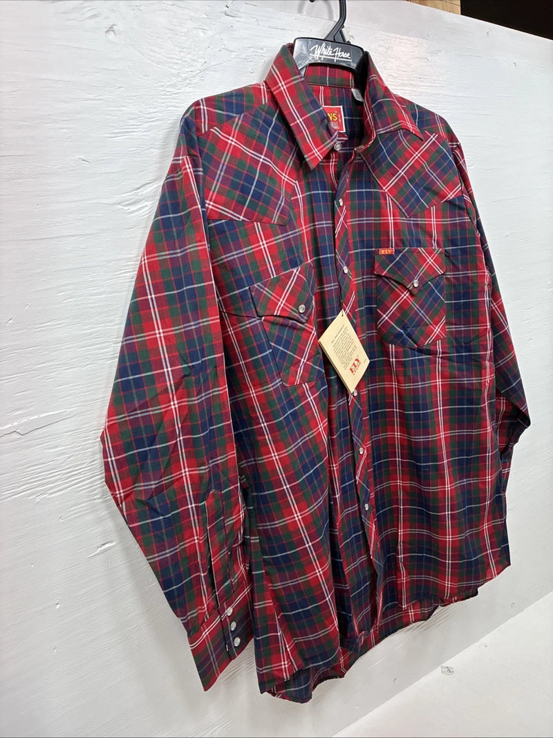 New Men’s ELY Plains Red Blue Plaid Long Sleeve Pearl Snap 16.5 Large Q-74