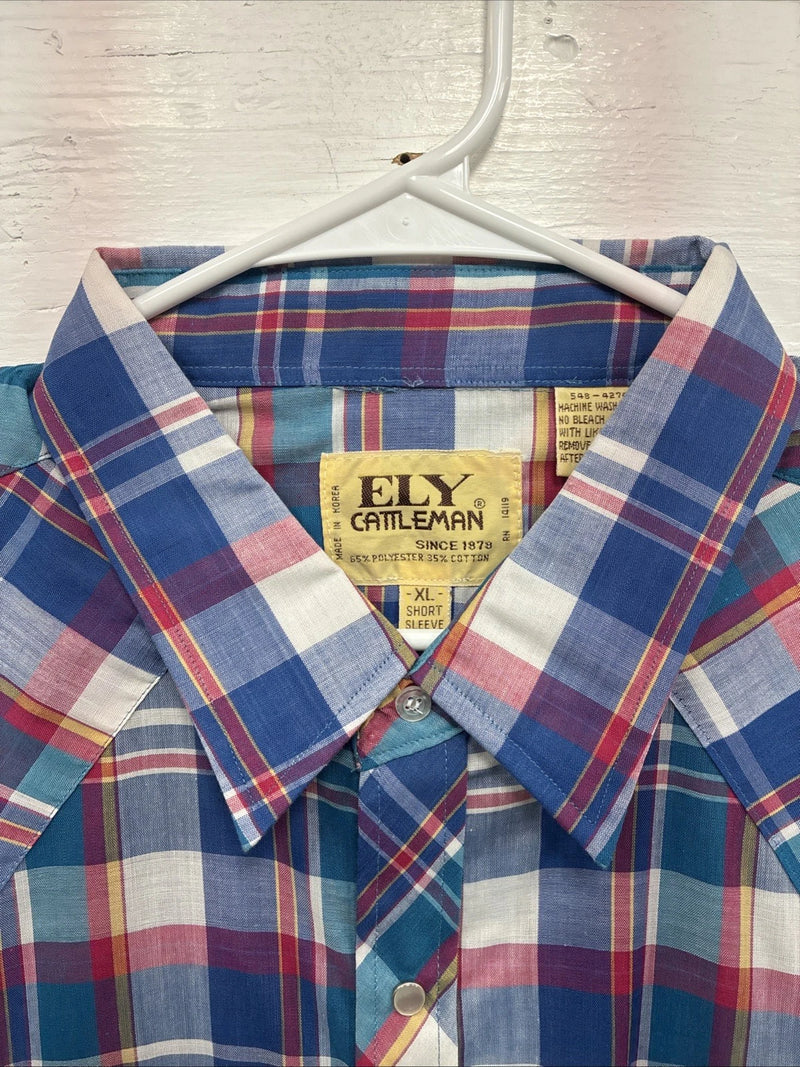 New Men’s ELY Cattleman Multicolor Plaid Short Sleeve Pearl Snap XL Short T-30