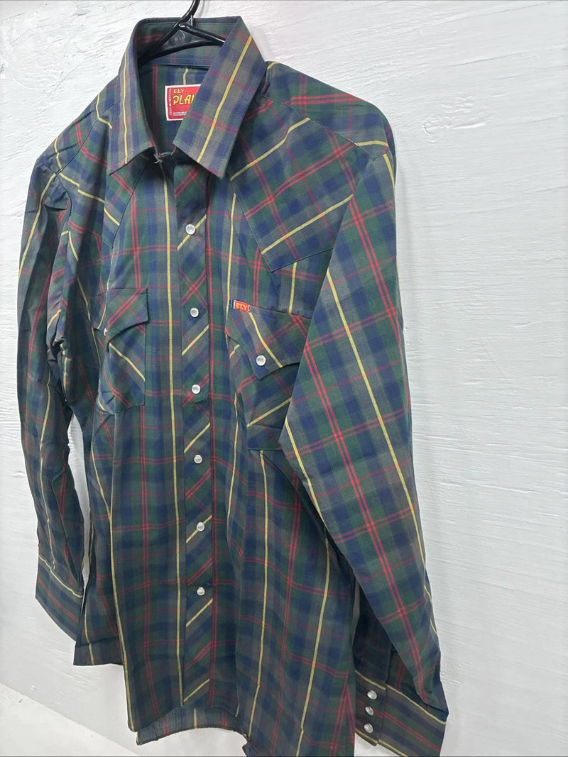 New Men’s ELY Plains Green Multicolor Plaid Long Sleeve Pearl Snap Medium M-63