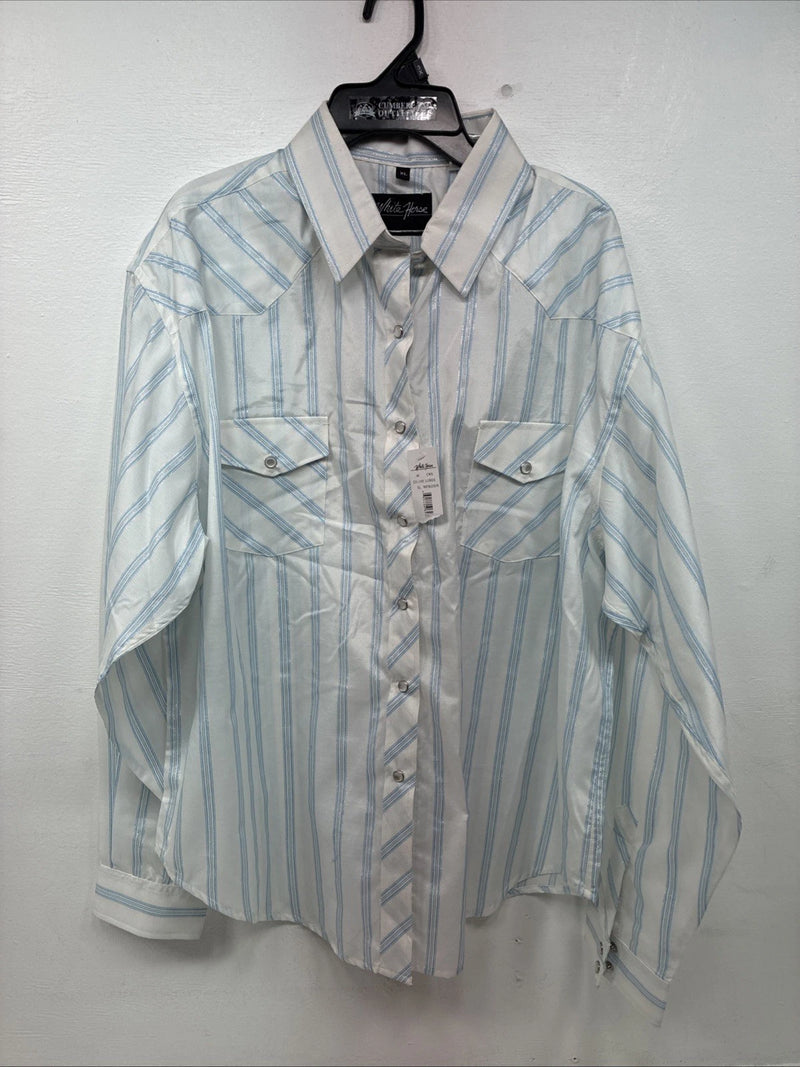 New Women’s White Horse Blue Stripe Long Sleeve Pearl Snap XL II-4