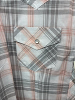 New Women’s Cumberland Pink Gray Plaid Short Sleeve Pearl Snap Large GG-77