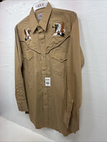 New Men’s ELY Cattleman Brown Eagle Design Long Sleeve Pearl Snap Medium J-95