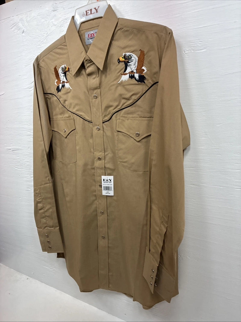 New Men’s ELY Cattleman Brown Eagle Design Long Sleeve Pearl Snap Medium J-95