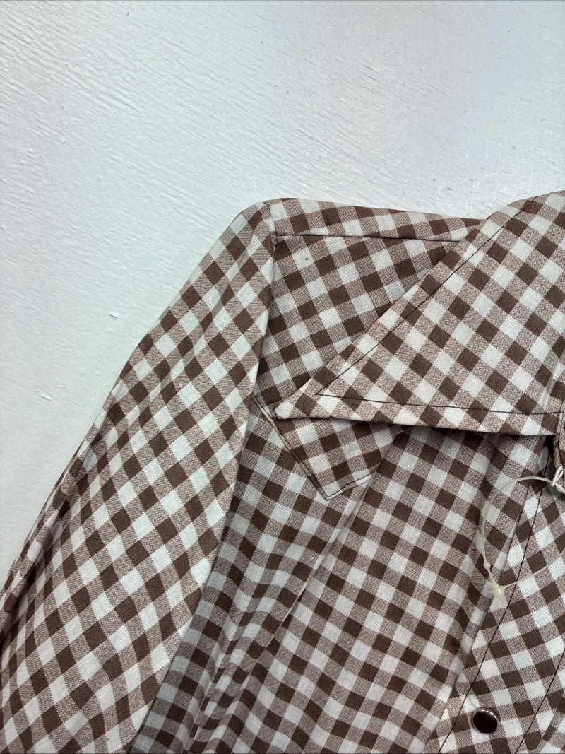 New Women’s Karman Brown Checkered Long Sleeve Pearl Snap Size 30 LL-54