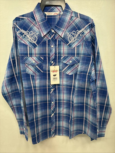 New Women’s Cumberland Blue Purple Plaid Long Sleeve Pearl Snap XL GG-81