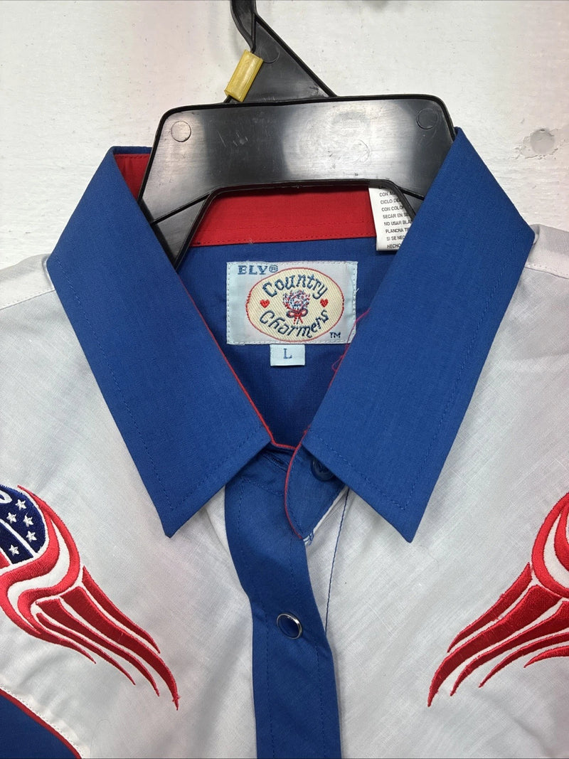 New Women’s Country Charmers Blue Red Long Sleeve Pearl Snap Large II-73