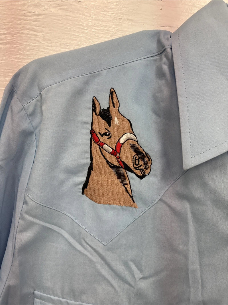 New Men’s ELY Wildlife Blue Horse Design Long Sleeve Pearl Snap Small AA-8