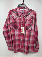 New Women’s Cumberland Pink Plaid Long Sleeve Pearl Snap Medium II-107