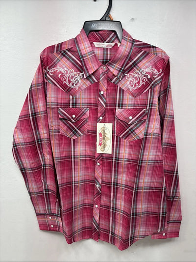 New Women’s Cumberland Pink Plaid Long Sleeve Pearl Snap Medium II-107