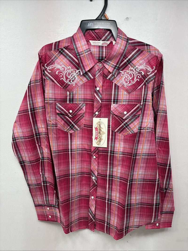 New Women’s Cumberland Pink Plaid Long Sleeve Pearl Snap Medium II-107