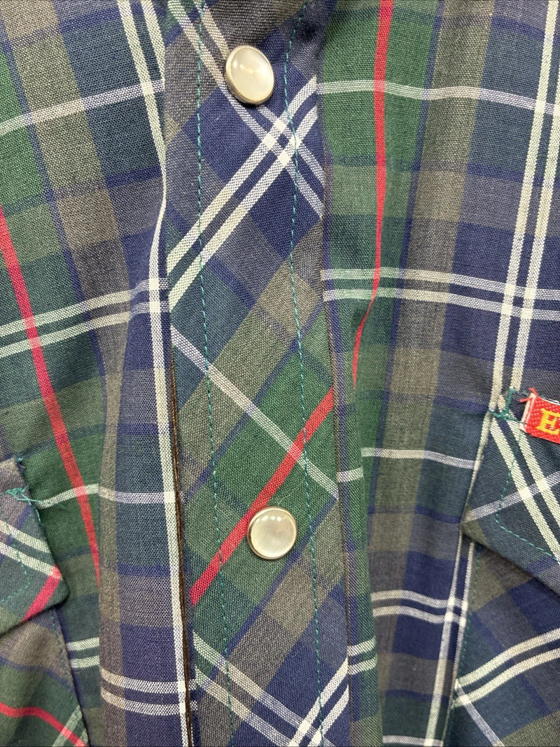 New Men’s ELY Plains Blue Green Plaid Long Sleeve Pearl Snap 15.5 Medium R-30