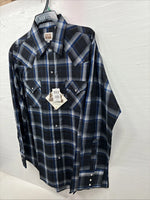 New Men’s ELY Cattleman Blue Black Plaid Long Sleeve Pearl Snap XL O-66