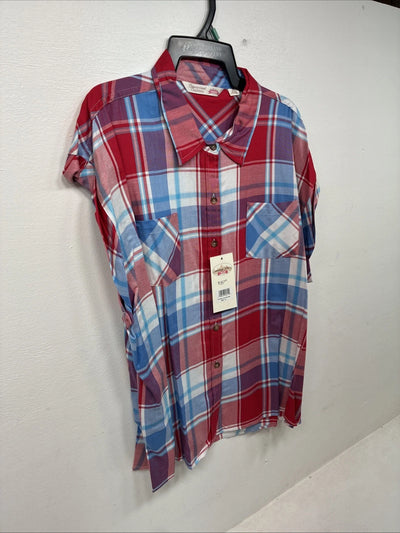 New Women’s Cumberland Red Blue Plaid Short Sleeve Button Up XL GG-21
