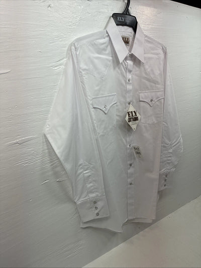 New Men’s ELY Cattleman Western White Long Sleeve Pearl Snap 16 Large V-48