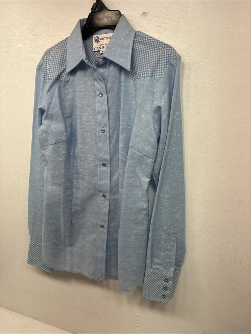 New Kids Dan River Blue Deigned Long Sleeve Pearl Snap Size 8 LL-62