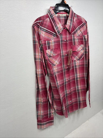 New Women’s Cumberland Pink Plaid Long Sleeve Pearl Snap Medium LL-66