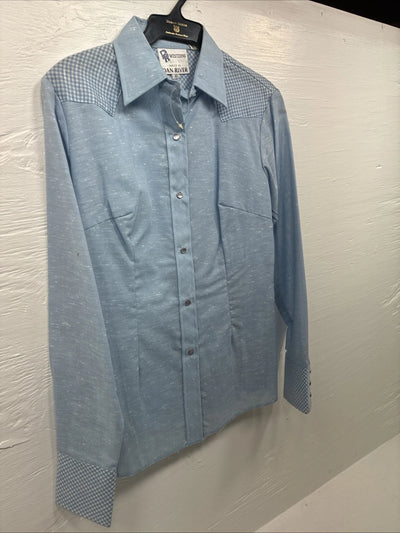 New Men’s DR Westerns Baby Blue Designed Long Sleeve Pearl Snap 10 Small J-50