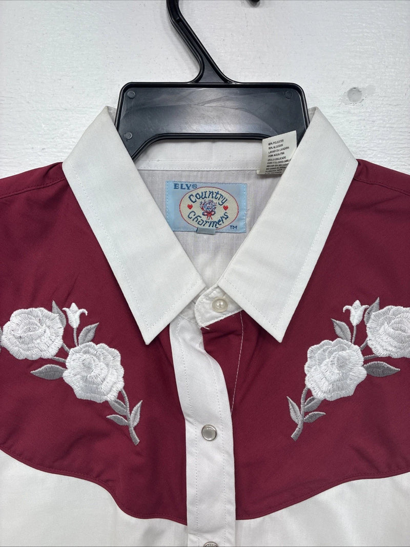 New Women’s Country Charmers White Rose Design Long Sleeve Pearl Snap XL GG-52